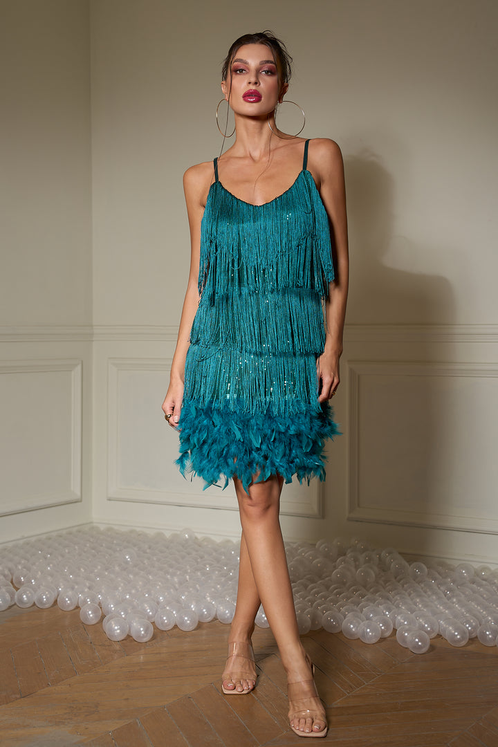 Sesidy Maeve Sequin Fringe Prom Dress in Dark Green